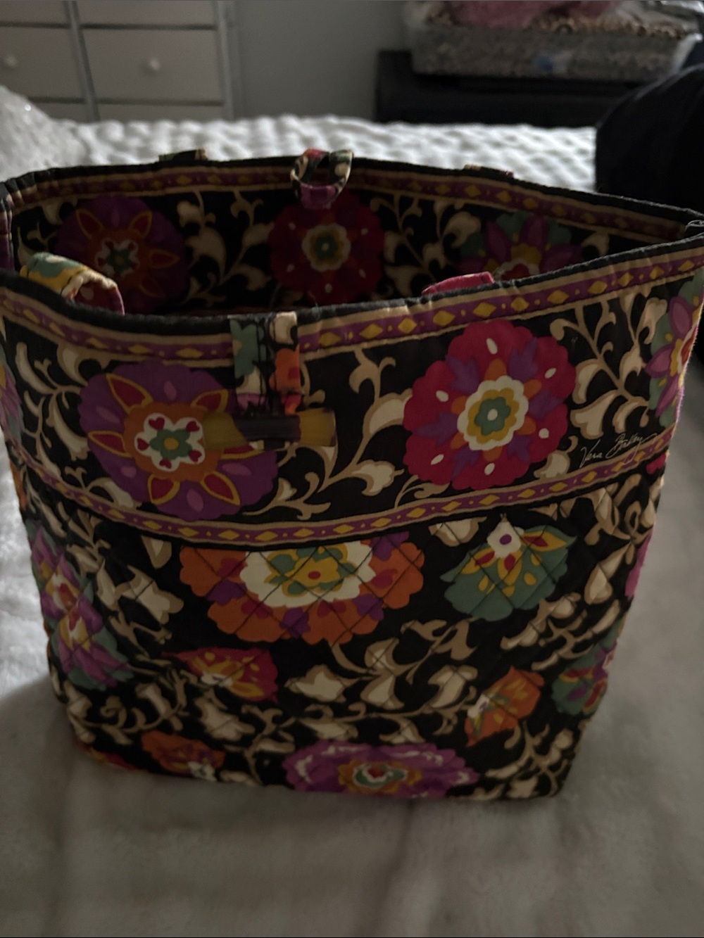 Vera Bradley Black Floral Quilted Cotton Tote with Multicolor Blooms